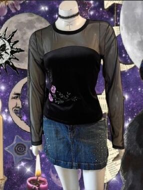 VTG 90s Identity Goth Black Velvet & Sheer Mesh Top W/ Purple Floral Embroidery